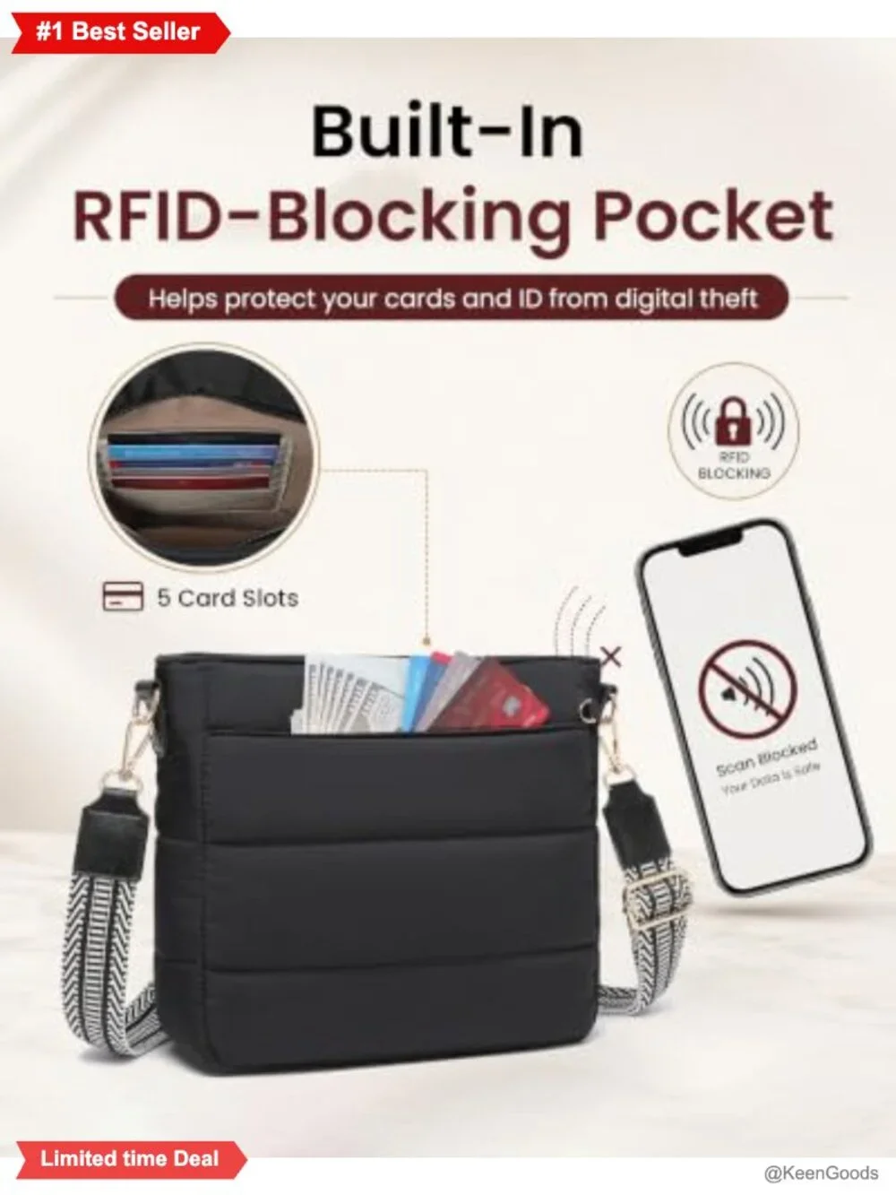 Anti Theft Crossbody Bag RFID Blocking Nylon Purse Puffer Quilted